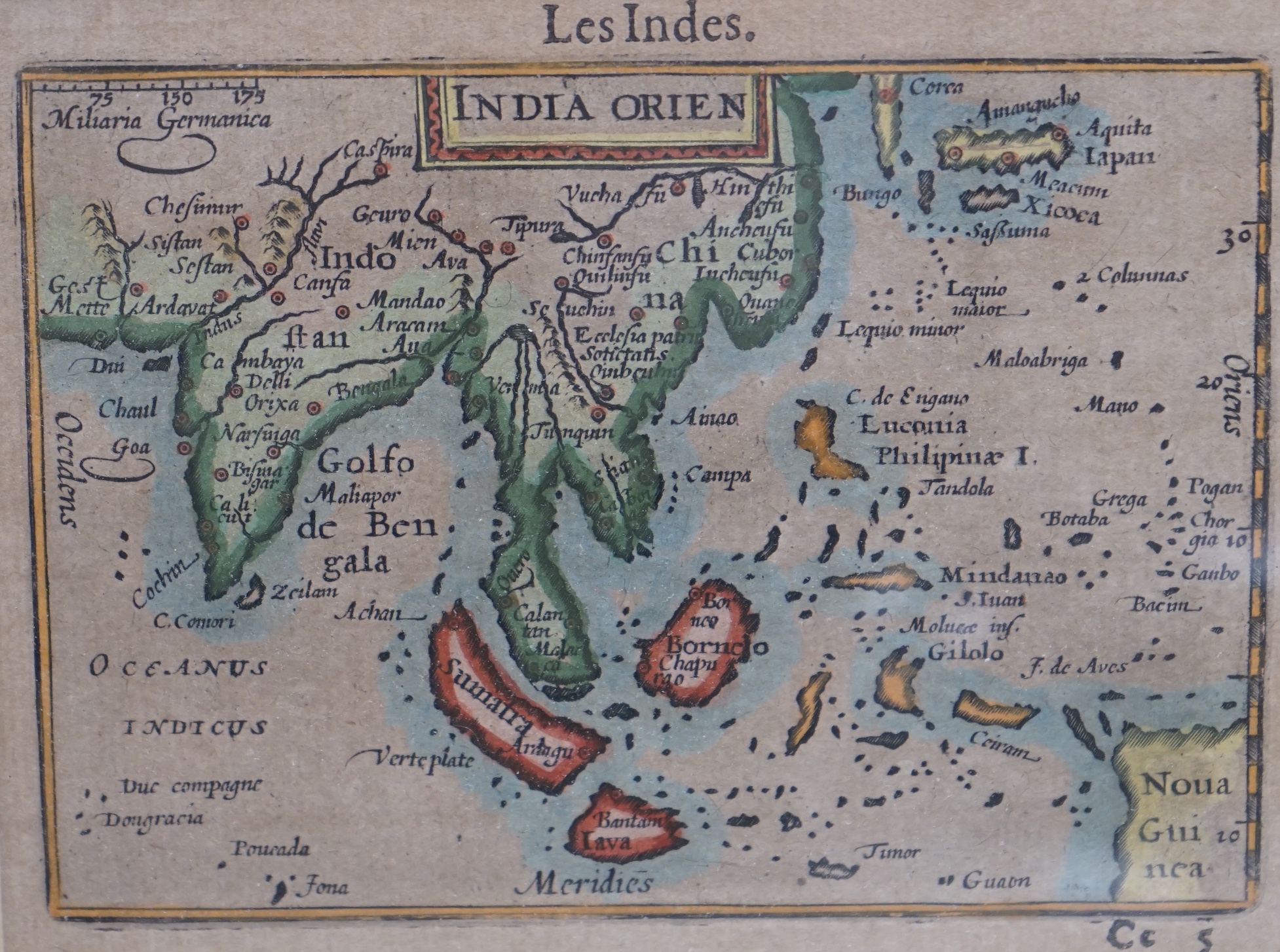 Alain Mallet (17th. C) hand coloured map, Indochina Golfe De Bengala together with three other antique maps Including India Orien by Petrus Bertius, largest 18 x 29cm